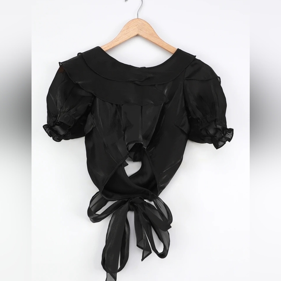 Lulu's Master of Style Black Puff Sleeve Cropped Wrap Top XS Bow Sheer Goth - Picture 2 of 14